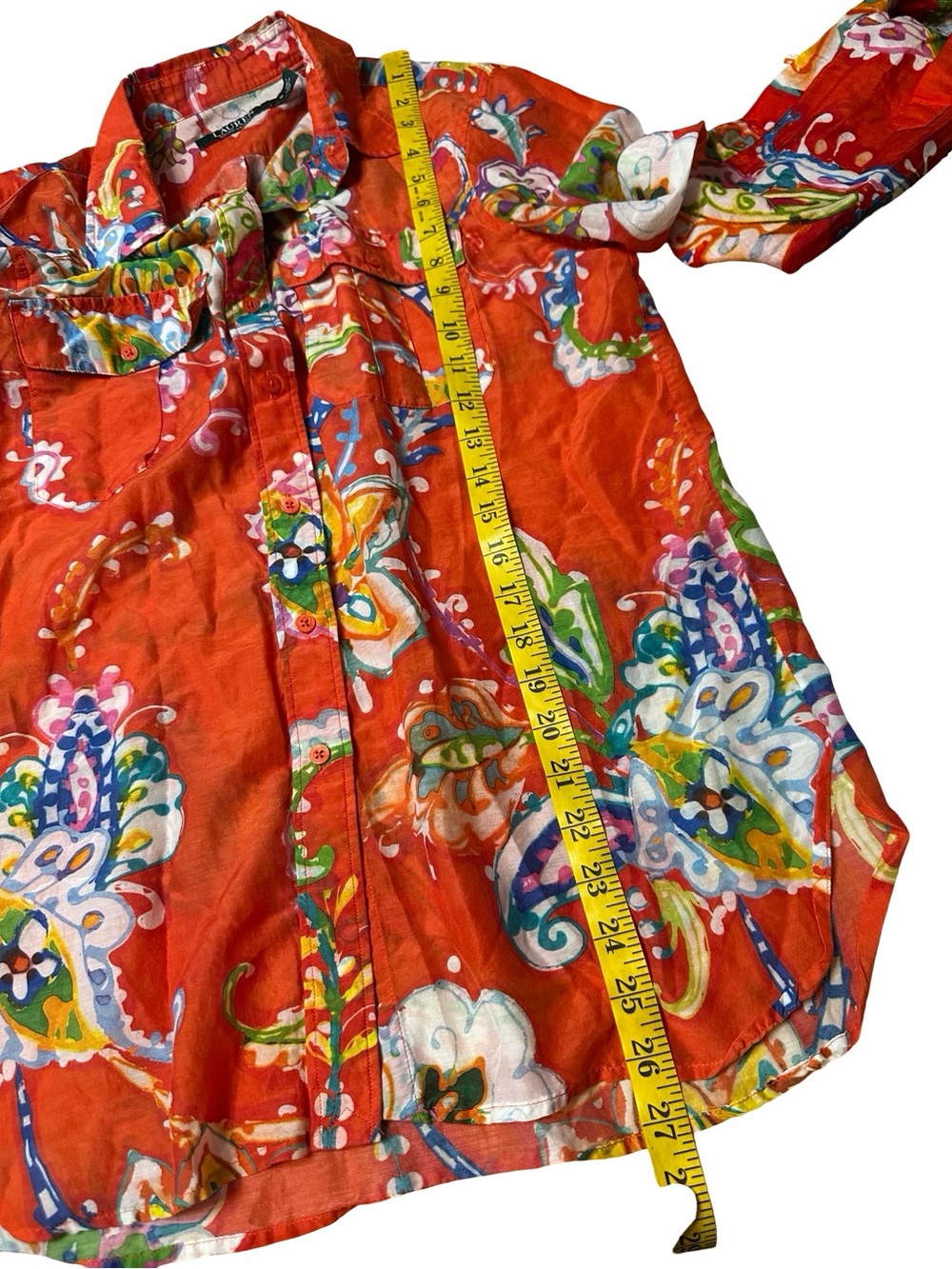 Lauren Ralph Lauren Cotton-Silk Voile Shirt Size Medium Orange Multi Floral - Picture 11 of 12